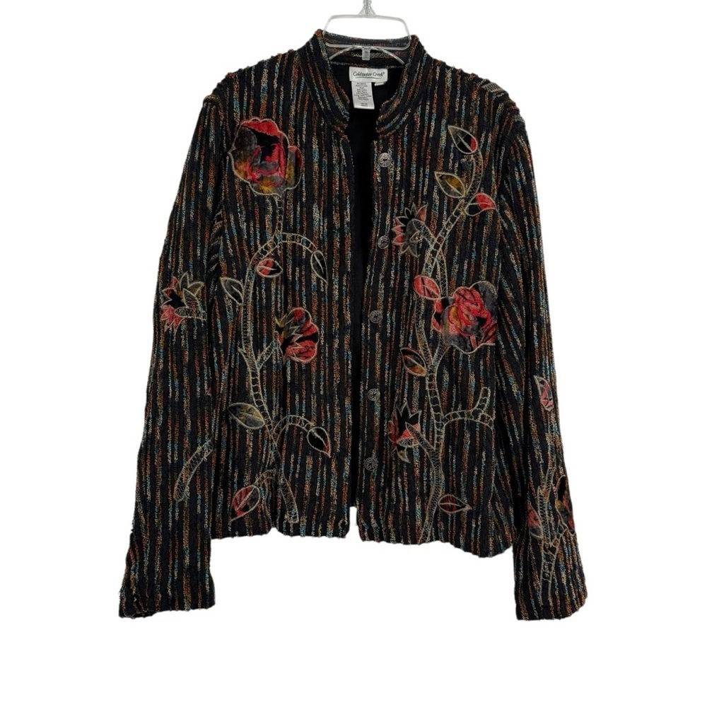 Coldwater Creek Chenille Jacket Black Colorful Stripes Size XS Floral Lined